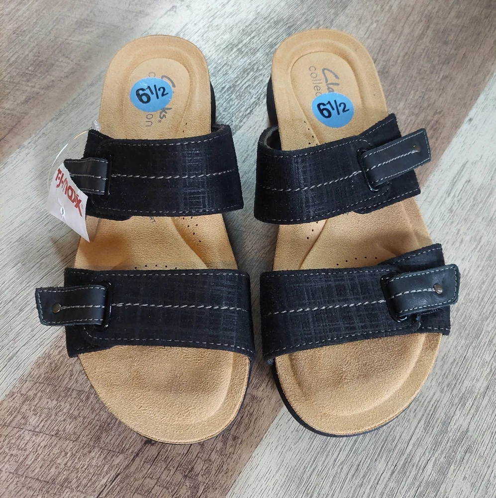 Clarks Collection Shoes Women Black Adjustable Slide Sandals April Dusk Size 6.5